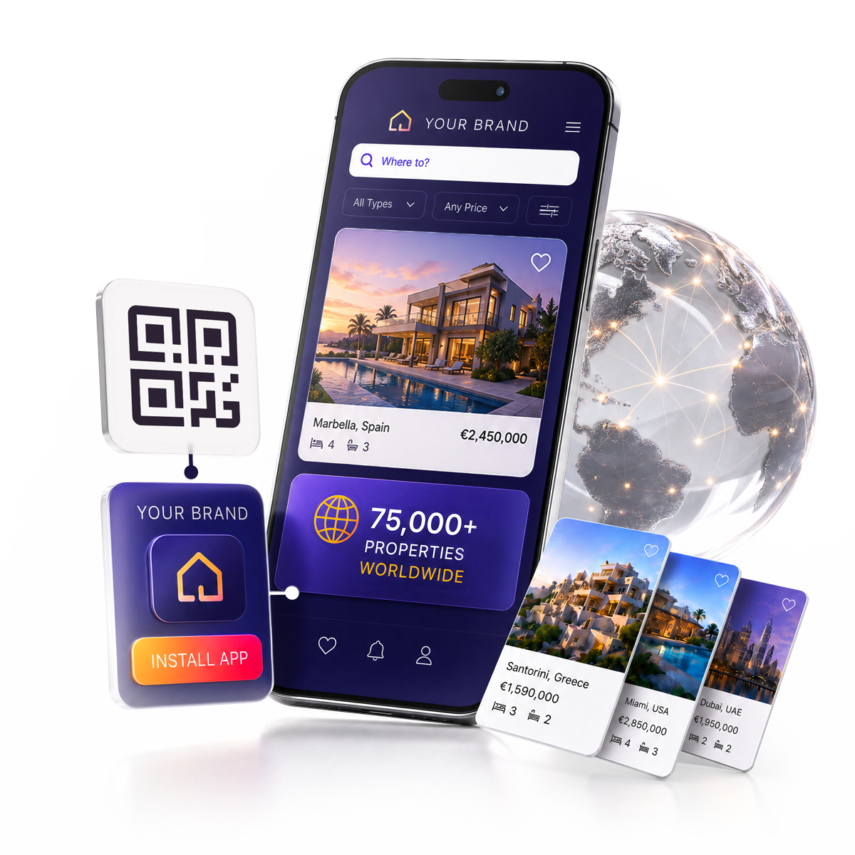 A branded zentra property application shown on a phone, with listing cards and a network sphere