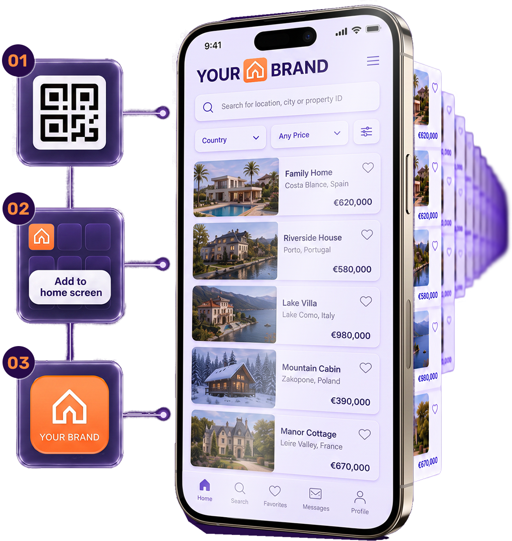 A QR code opening a branded property application that is added to the client's Home Screen