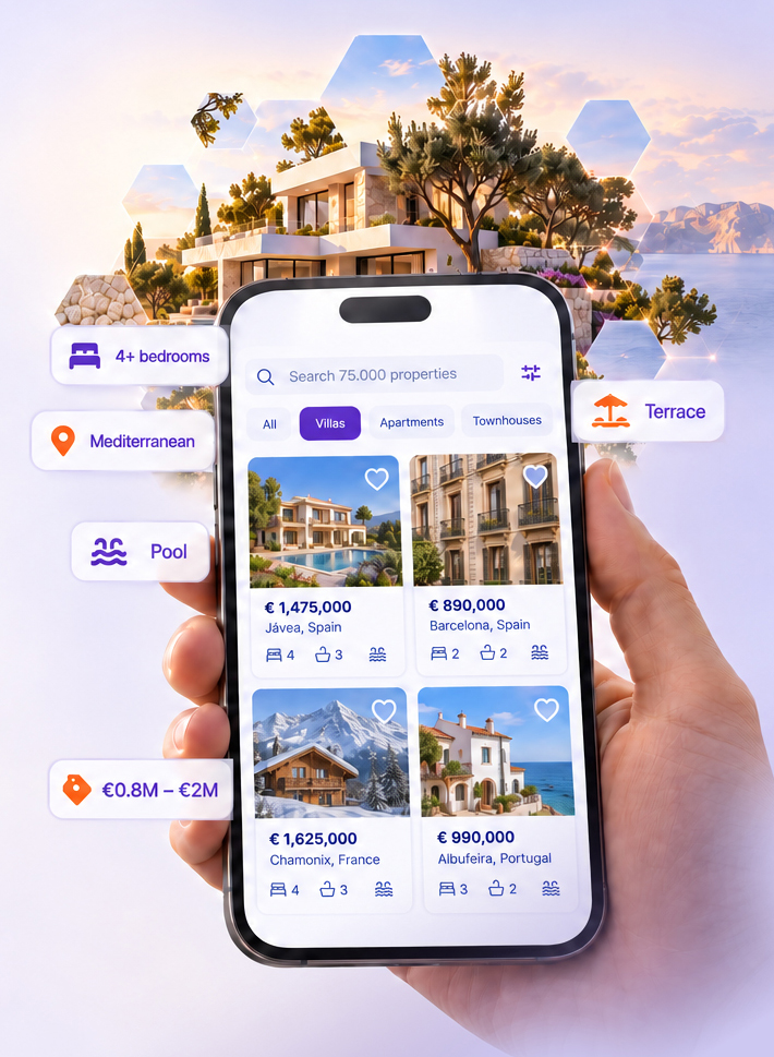 A hand holding a phone showing a branded property search app